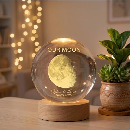 Image of Evamall Custom Our Moon The Night We Got Married, Customized Crystal Ball LED Night Light, Moon Phase Print, Custom Engraved Gift for a Loving Couple