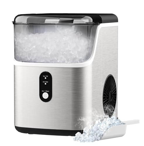 Nugget Countertop Ice Maker, 44Lbs/24Day Pebble Ice Machine with Soft Chewable Ice, One-Click Operation, Self-Cleaning, Portable Sonic Ice Maker with Ice Scoop & Removable Basket, Silver