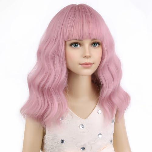 Image of PATTNIUM Pink Wig for Kids with Bangs Girls Short Curly Wavy Wig Child Light Pink Synthetic Hair Wigs