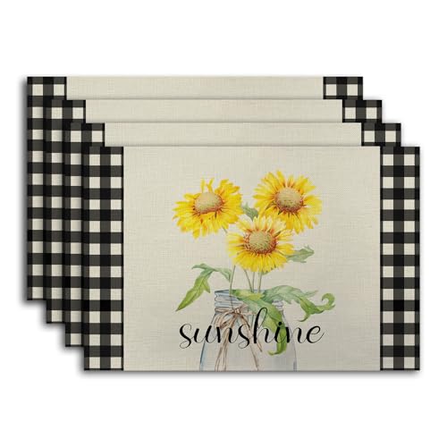 Buffalo Plaid Sunshine Sunflower Placemats, Resistant Place Mats Kitchen Decor Dining Decoration for Party, Sunflower Kitchen Decor Placemats Set of 4（ Sunshine ） -03