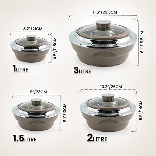 Jaypee Insulated Casserole Dishes | Glass-Lidded Serving Containers | Stainless Steel Inner | Retain Warmth | Thermal Food Storage | Set of 4 (1L, 1.5L, 2L & 3L) by Nyra (Brown) - Image 5