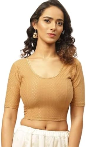 Fressia Fabrics Pure Cotton 4-Way Stretch Readymade Blouse for Women | Free Size to 4XL Stretchable Round Neck Dobby Cotton Half Sleeve Readymade Saree Blouse for Women Stylish