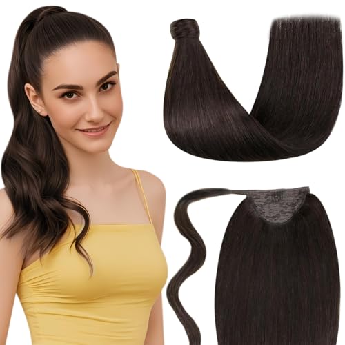 LaaVoo Extensiones 12 Pulgadas/30cm Wrap Around Cola de Caballo Pelo Humano #2 Marrón más Oscuro Remy Extensiónes de Coleta Pelo Castano Oscuro 70g Ligero Extensiones de Cabello de Cola Mujeres