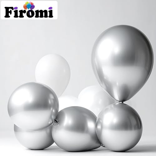 Image of Firomi Metallic Chrome Big Silver Balloons 18-inch 12 Pack (with 1 Ribbon) | Large Helium Shiny Round Silver Thicken Latex Balloon for Wedding Birthday Party Balloons