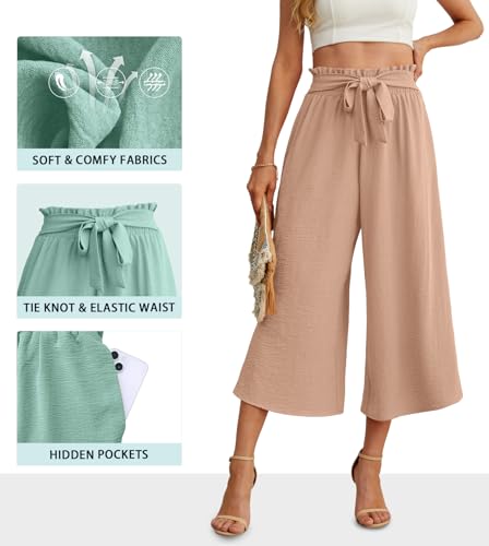 Image of IWOLLENCE Women Flowy Loose Wide Leg Pant Summer Beach Casual Trousers high Waist Adjustable Knot Business Work Casual Pants