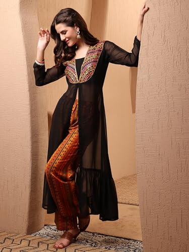 Image of EthnicJunction Women's Georgette Embroidered Hight Front Slit A-Line Co-ords Set | Kurta Palazzo Set | Office wear Kurta Set Kurta Set