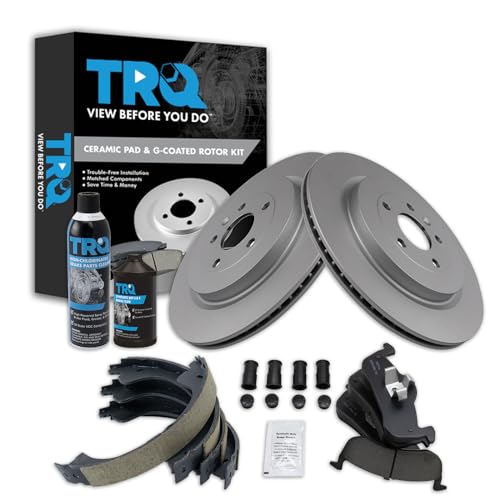 Image of TRQ Rear Brake Pad & Rotor Kit, with Chemical Kit Parking Brake Shoe Set Ceramic Premium G-Coated Compatible with 2013-2018 Lincoln MKT