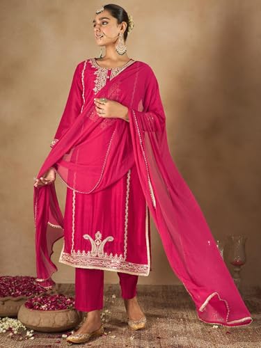 Image of INDO ERA Women's Silk Blend Kurta and Pant with Dupatta Set