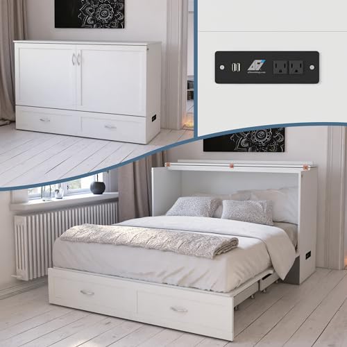 AFI Hamilton Queen Murphy Bed Chest with Mattress, Storage, and Built-in Charger in White