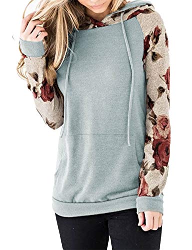 xxxiticat Women's Long Sleeve Hooded Pullovers Patchwork Drawstring Sweatshirt Sports Floral Print Hoodies with Pockets(GY,L)