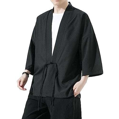 Image of Mens Kimono Cardigan Cotton Linen Japanese Shirt 3 /4 Sleeve Haori Yukata | Skin-Friendly Solid Color Lightweight Shawl Collar Kimono Robe Embroidery Button Tie Pockets Happi Coat All Season Daily Wear