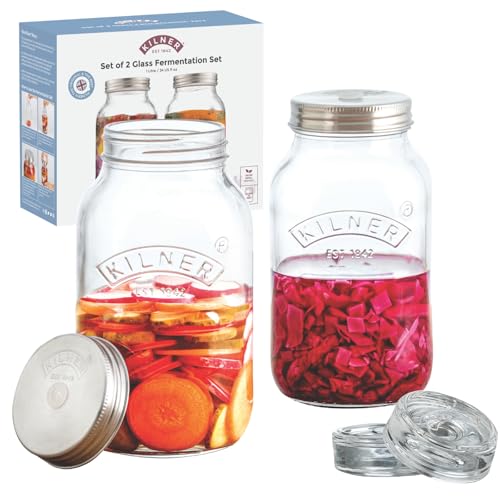 KILNER Fermentier Set | 2x 1 Liter Glas mit Gärungsdeckel | einfaches Haltbarmachen von Gemüse | Fermentieren Starter Set | Konservieren von Gemüse, wie Sauerkraut und Kimchi | Einmachglas 1l