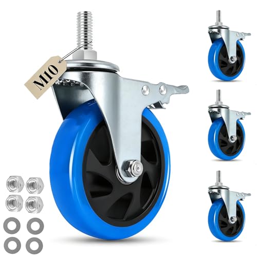 Image of IQWTU 125mm Furniture Castors with M10 x 1.5 x 30mm Stem, Set of 4 Threaded Stem Swivel Castors with Brakes Load Capacity 700kg, Heavy-duty Transport Castor PU Casters for Trolleys, Barbecues