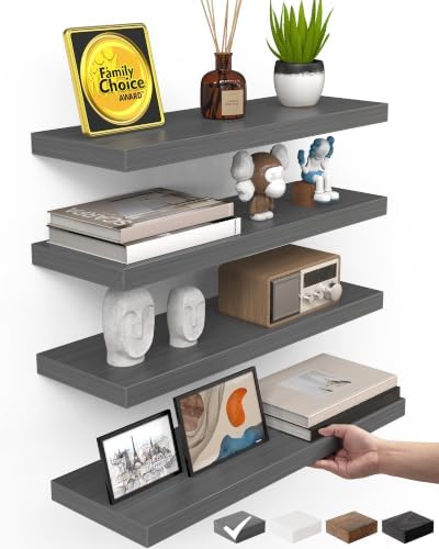BAYKA Gray Floating Shelves 15.7in, Set of 4, Wall Mount Rustic W...