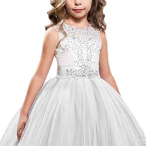 Flower Girls Embroidery Lace Beaded Princess Dress Kids Pageant Wedding Birthday Party Formal Long Tail Prom Ball Gowns3