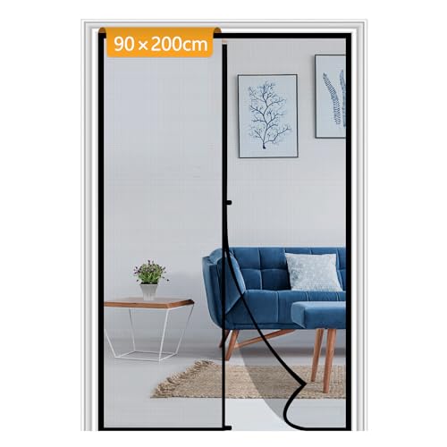 Yotache Fliegengitter Balkontür Magnet 90x200cm Insektenschutz Balkontür Ohne Bohren mit Stollen und Klettverschluss für Haus und Terrasse Schwarz
