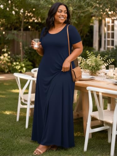 Image of PinkPatty Plus Size Dress for Women Casual Crew Neck Short Sleeve Maxi Dress Oversized Summer Beach Dresses with Pockets