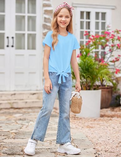 Image of Arshiner Girls Short Sleeve Shirts Tie Knot Front Tops T Shirts for Kids Crewneck Cute Casual Tie Dye Tee Blouse