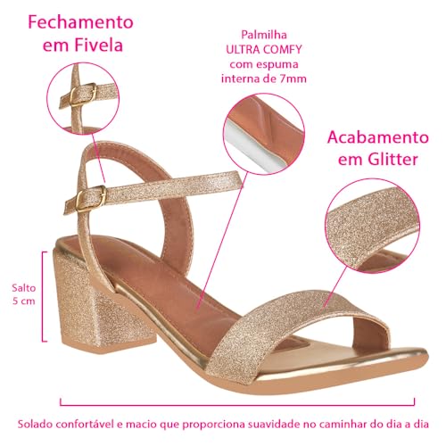 Sandália Festa Brilho Elegante Salto Grosso Baixo A3.19 C Cor:Dourado;Tamanho:40;Genero:Feminino