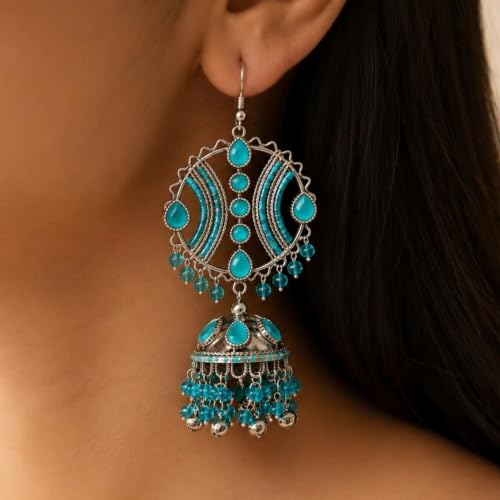 Image of Vintage Style Blue Jhumkas, Oxidised Silver, Traditional Design with Beaded Drops for Women & for Girls, Maula mere maula song inspired earrings