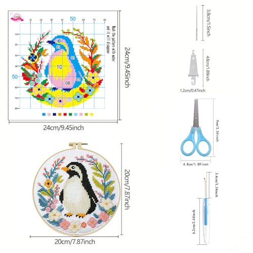 Image of Zhenqing 4-Piece Animal Cross Stitch Kit for Beginners - Complete Set with Pre-Printed 11CT 24x24cm Fabric, Hoop & Tools (Penguin, Sloth, Cow, Deer Designs)(70405)