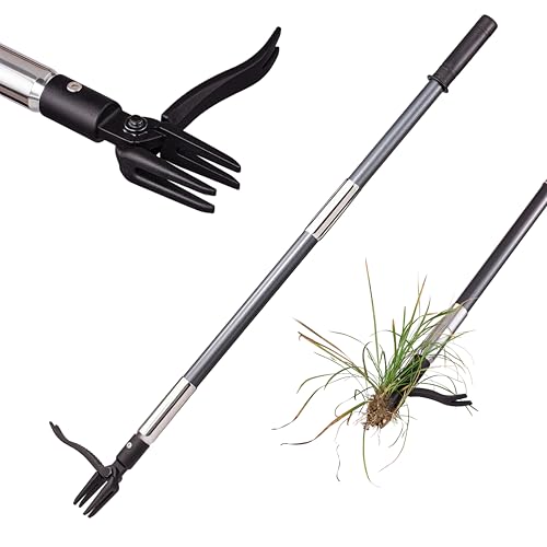 Oldriver Hand Weed Puller Stand Up Weed Puller Tool with Epoxy Resin Long Handle 4-Claw Steel Head,2-Section Design Sturdy Garden Tools-Easily Remove Weeds Without Bending, Pulling,or Kneeling