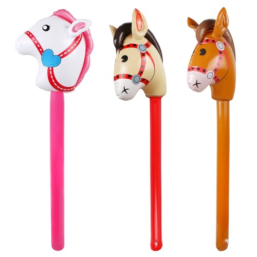 3PCS Inflatable Stick Horse,Inflatable Horse Head on Stick Horse Costume Pony/Halloween/Western Cowboy/Horse Baby Shower Birthday Party Decorations Supplies Favors Props,37 Inches Red Pink Brown