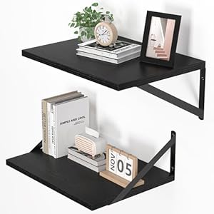 Black Deep Floating Shelves for Wall, 16W x 12D Wood Wall Shelves Set of 2, Wide Floating Bookshelf for Living Room, Kitchen, Office, Bedroom and Decor Storage, with Metal Bracket – Black
