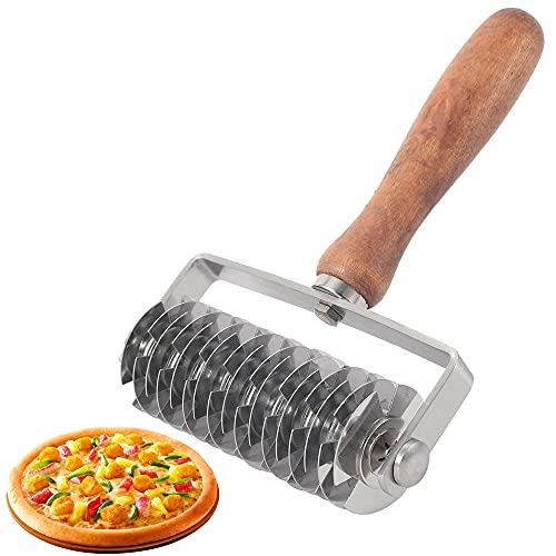 Rouleau de Grille de Pâte, Rouleau à Pizza en Treillis, Coupe-Pâte en Acier Inoxydable, Couteau à Rouleau à Pâte avec Manche en Bois pour Couper la Pâte, la Croûte à Pizza, la Cuisson