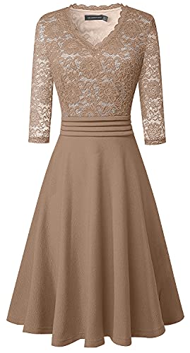 Image of HOMEYEE Women's Chic V-Neck Lace Patchwork Flare Party Dress A062