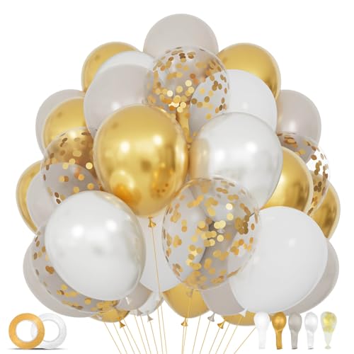 Image of 68Pcs Sand White Gold Confetti Balloons Kit 12 Inch Ballons Beige Pearl White Balloon Gold Party Balloons with Ribbons for Birthday Wedding engagement Baby Shower Graduation Decorations.