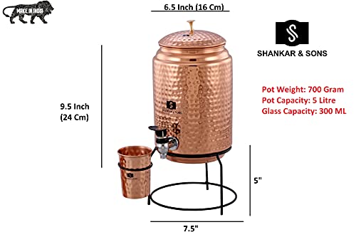 Image of SHANKAR & SONS Jointless Pure Copper Water Dispenser Matka Vessels Pot 5000 ml with Stand and 2 Glass (Brown)