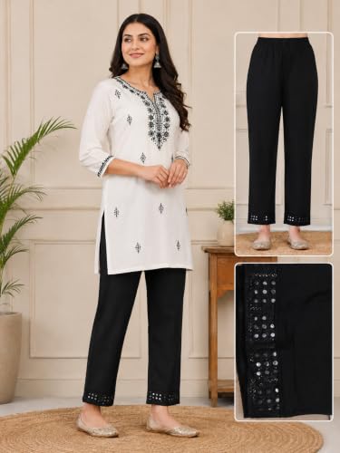 Image of NIRVII Women's Rayon Designer Straight Kurti Pant with Stylish Cutwork Hem | Comfortable Regular Fit Trousers