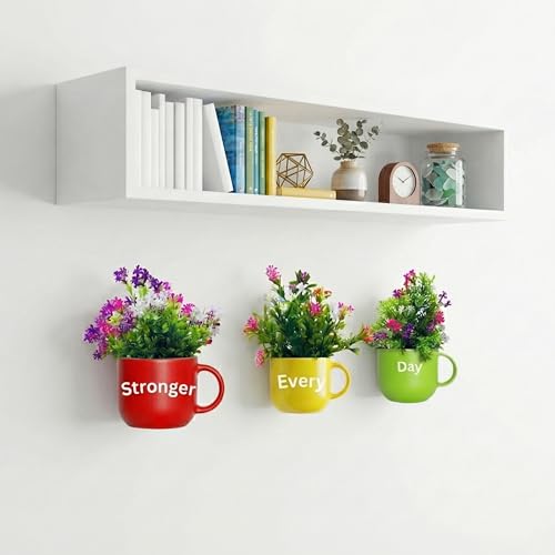 Image of Dekorly Wall Hanging Mug Planters with Artificial Flowers (20CM) - Decorative Hanging Cups, Colorful Floral Wall Decor for Living Room Bedroom Balcony Office Gift Set (3, Stronger Every Day)