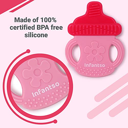 Image of Infantso Non-Toxic Food-Grade Soft Silicone Baby Teether, BPA-Free for Pain-Relief Easy Teething, for 2+ Months Babies (Pink Bottle)