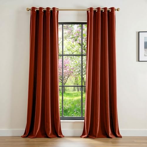 Image of Blackout Rust Red Velvet Curtains Grommet 52x96 Inch 2 Panels | Soft Velvet, For Bedroom & Living Space, Light Shifting Texture, Elegant Luxury Drape, Charming