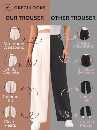 Image of GRECIILOOKS Trousers for Woman | Womens High Rise High Waist Flared Korean Style | Formal Pant for Women Office Wear| Track Pants for Womans Elegant for College & Events (Available in Plus Size)