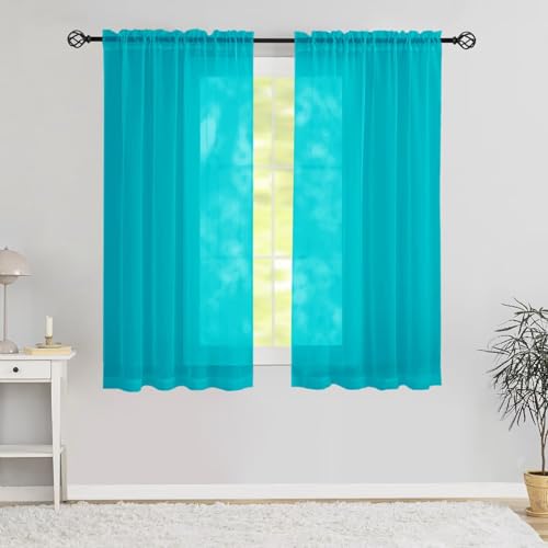 Karseteli Semi Voile Sheer Curtains 45 Inches Long 2 Panels Rod Pocket Window Treatment for Living Room Bedroom Dining Room(Peacock Blue 42" W x 45" L)