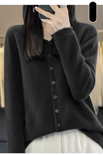 Image of Cashmere Sweaters for Women Button Down V Neck Hooded Cardigan Casual Loose Long Sleeve Soft Knit Pullover Tops