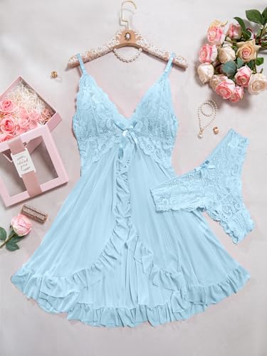 Image of Foxiny Sexy Ruffle Sheer Mesh Lace Wireless Babydoll Lingerie Dress with Thong 2 Piece