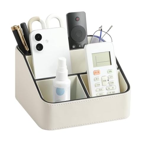 MEIBOOCH Remote Control Holder, PU Leather Small Desk Organizer Stylish Cute Desktop Organizer for Home Office Desk Accessories, Remote Caddy Bedside Nightstand Organizer for Women Men (Cream) Cover