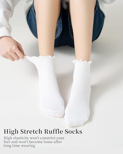 Women's Cotton Ankle Socks - 3 Pack White Breathable Knit Ruffle Cuff Casual Crew Socks2
