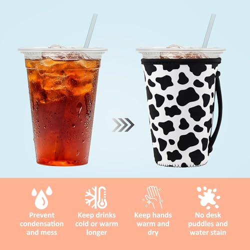 Image of KJQJLY 3 Pack Reusable Iced Coffee Sleeves for Iced Coffee Cups or Drinks Reusable Neoprene Insulated Sleeves for Hot and Cold Drinks from Starbucks, Dunkin, And More (Cows)