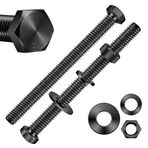 1/4-20 x 3 Hex Head Screws Bolts, Nuts, Flat & Lock Washers, Fully Threaded, Stainless Steel 18-8, Black Finish, 8 Sets