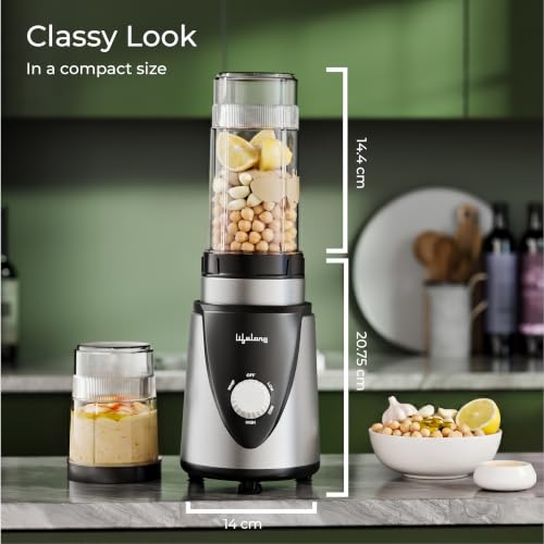 Image of Lifelong Nutri Blender with 2 Jars (300ml, 500ml) | 450W Motor, 2 SS Blades(4 & 2 Leaf), 2 Lids(Strong & Sprinkler), Leak Proof Jars for Blending, Mixing, & Grinding Juice, Smoothie, Chutney, & Masala
