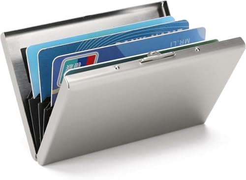 Image of MINI2BUY Metal Card Wallet (Up-to 20 Large Card Slots) RFID Protected Men & Women for Credit | Debit | ATM | business Cards for Corporate Gift - Easy Click Button Closure (9.5 x 6.6 x 1.9 CM) (Silver)