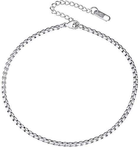 Stainless Steel Chain Anklets for Men Women Silver/Gold Tone Ankle Bracelets Hypoallergenic 8-10 5 Inch Adjustable Come Gift-F: Silver-Box chain-3mm