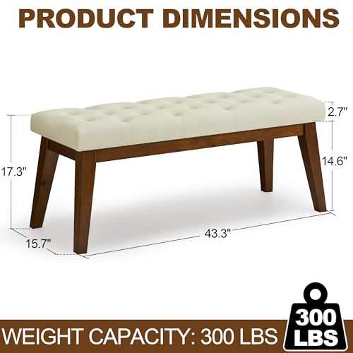 Image of 43.5'' Faux Leather Bedroom Bench, Upholstered End of Bed Bench with Tufted Button, Padded Vintage Dining Bench, Entryway Bench with Solid Wood Legs, Kitchen, Living Room, Hallway, Beige Tufted