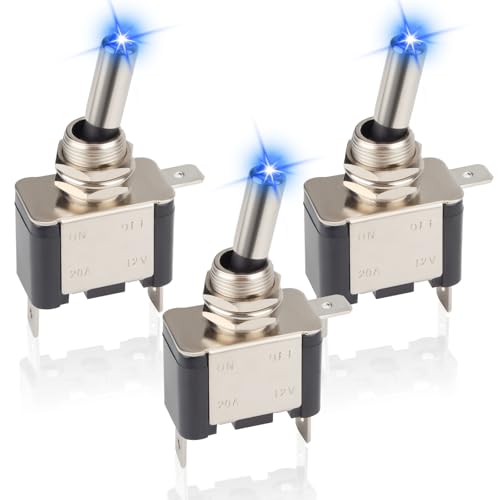 3 PCS LED Lighted Rocker Toggle Switch 12V SPST 3 Pin 2 Position ON/Off Rocker Switch 20A Heavy Duty Marine Toggle Switch Illuminated Toggle Switchs for Car RV Vehicles Truck Boat (Blue)