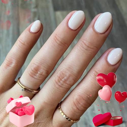modelones Short Press on Nails, Oval Fake Nails Kit Press Ons with Nail Glue, Adhesive Tabs, Nail File, Prep Pad, Manicure Stick, 32Pcs 16 Sizes, White, Valentines